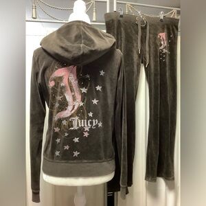 Juicy Couture Chocolate Velour Pants 36 x 31 Zip Up Hoodie Set with Pink Accents